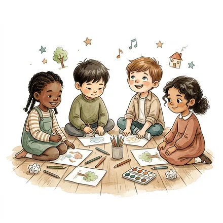 Kids drawing together creatively